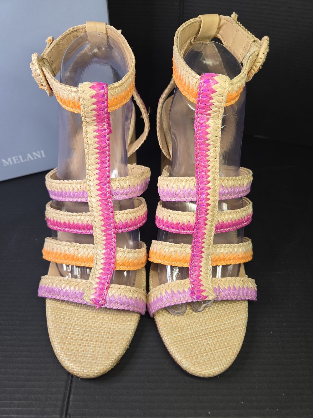 ANTONIO MELANI Pink, Orange & Cream Woven Strappy Block Heel Sandals